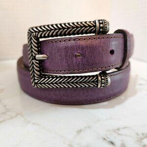 Elite Purple Leather Belt With Ornate Silver Herringbone Buckle Made In Usa